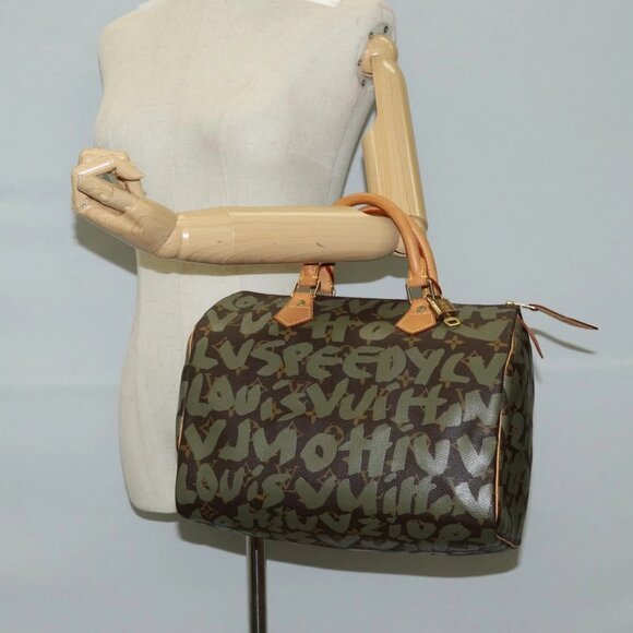 LOUIS VUITTON Monogram Graffiti Speedy 30 Bag Green Khaki - Picture 1 of 16